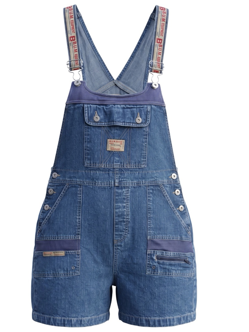 Vintage B.U.M Equipment Denim Bib Overalls Shorts with Branded Straps Women's XL